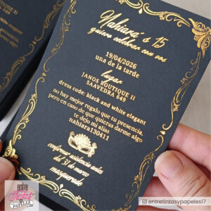 Invitaciones 15 Años Negro y Dorado